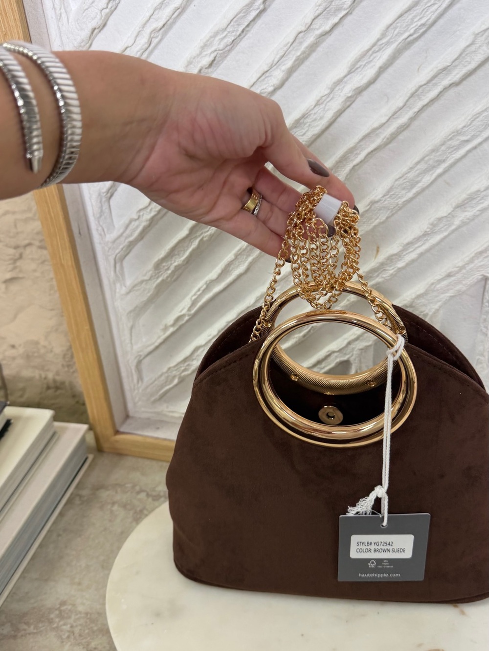 Haute Hippie Chocolate Brown Suede Clutch with Gold Ring Handle - Picture 13 of 16